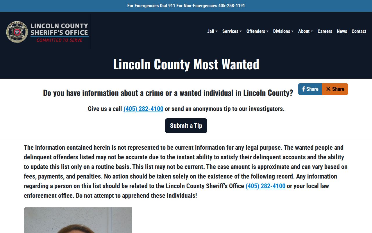 Lincoln County Sheriff's official Most Wanted page heading and warning