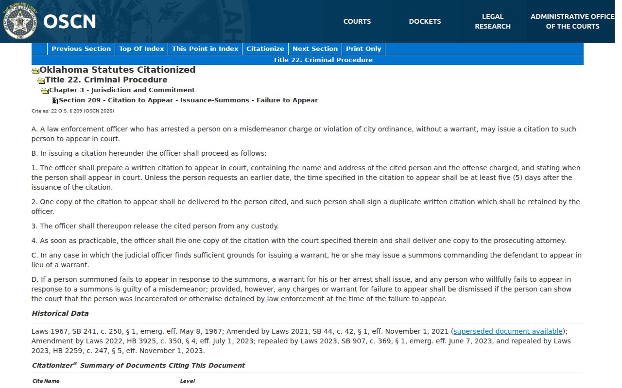 Oklahoma Title 22 arrest warrant text